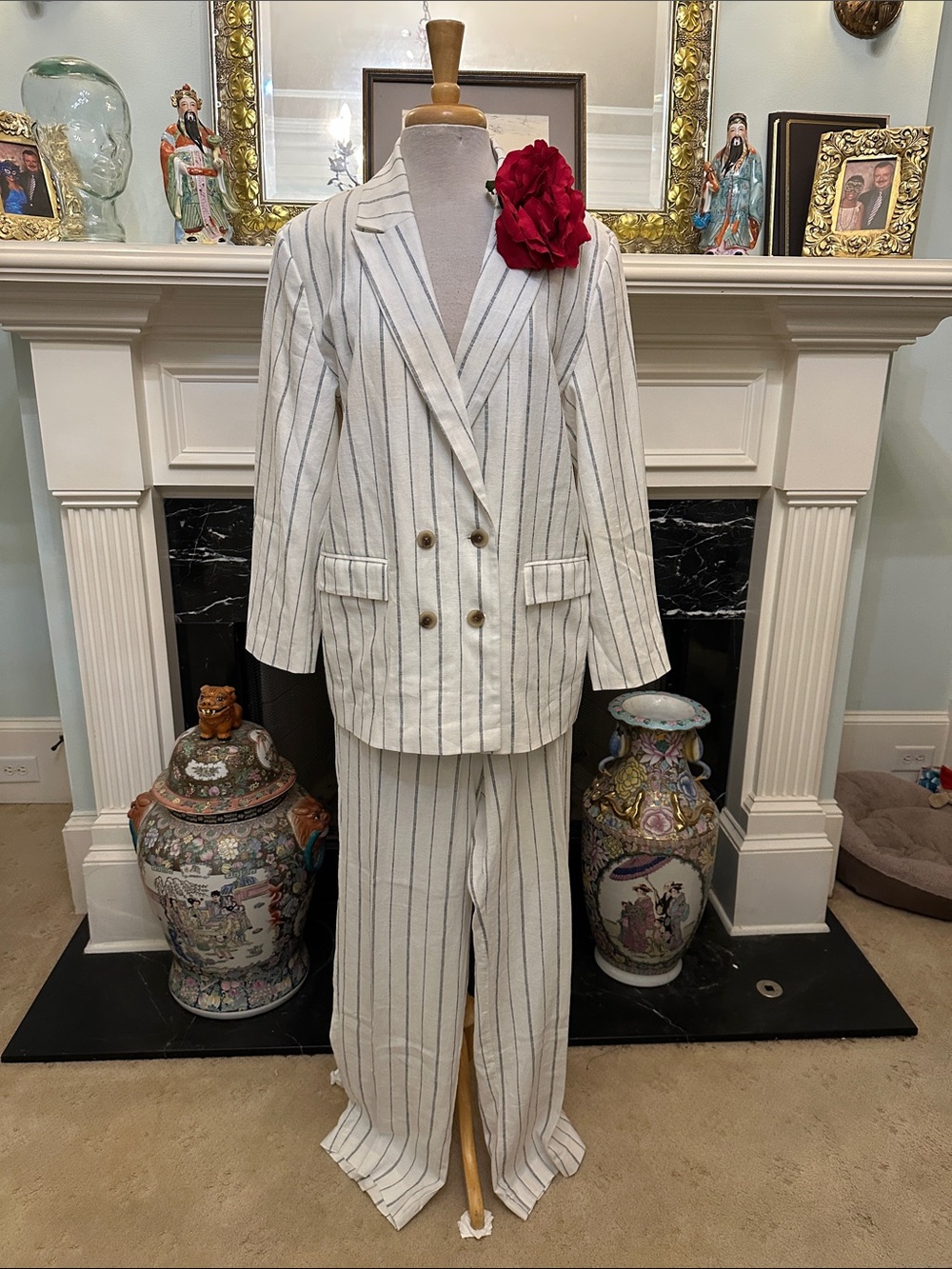 Classic “Old Navy” White w/ Navy Blue stripe Double Breasted Jacket w/ Trousers